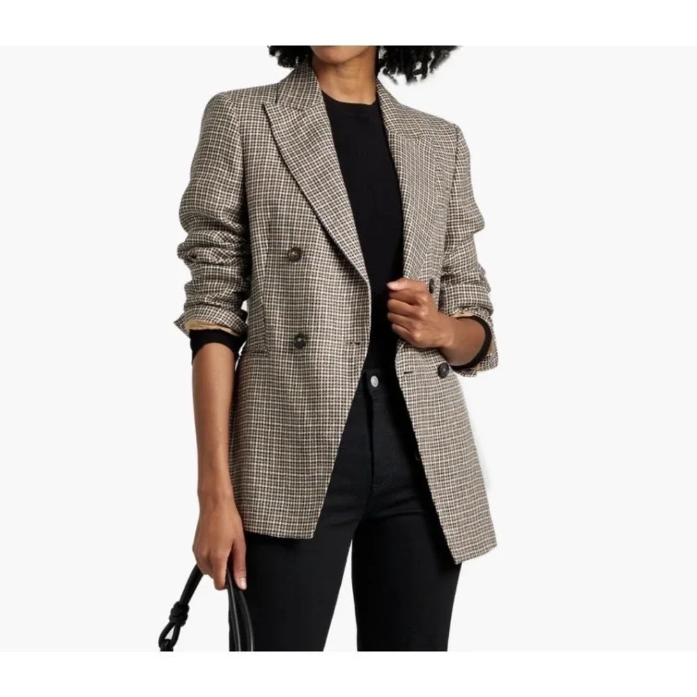 New Brunello Cucinelli Blazer Women Tan Gold 44 8 Houndstooth Old Money  Linen‎